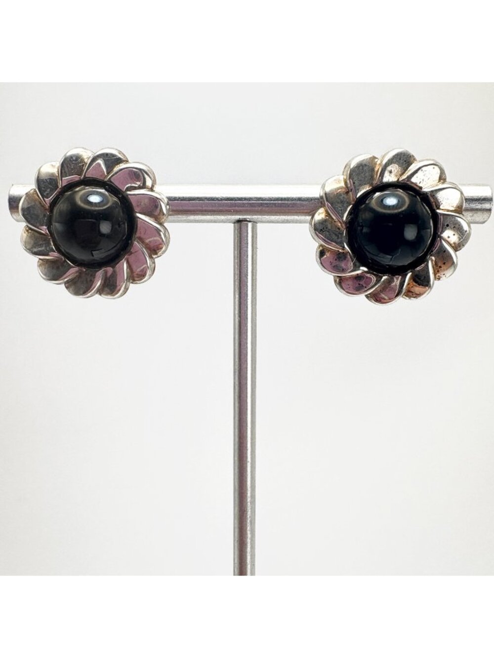 Black Onyx Bezel Set Stud Earrings VTG Sterling Silver 925 Size 0.5" Length